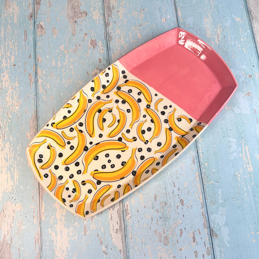 Large Banana Platter, Yellow and Pink Handmade Rectangle Ceramic Plate