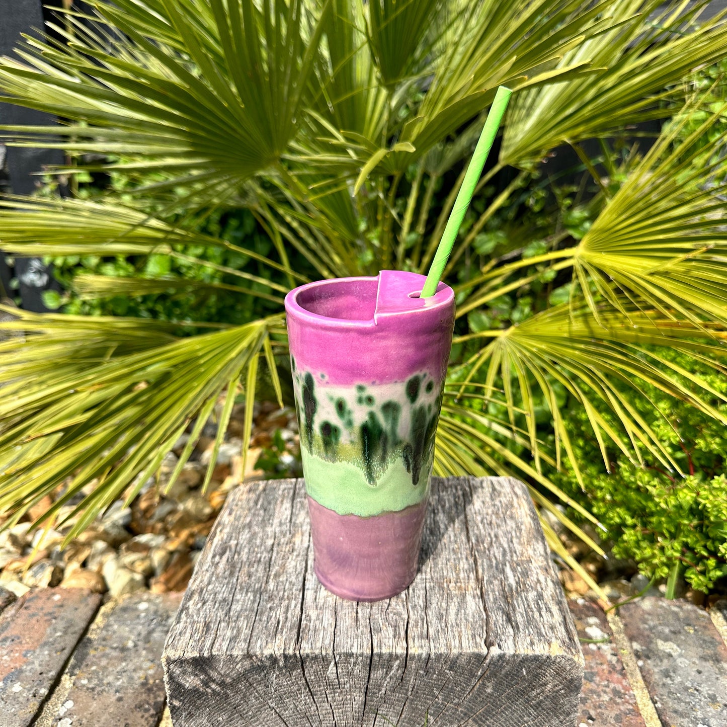 Tall Ceramic Cold Drink Straw Holding Tumbler, Handmade Modern Purple Cup