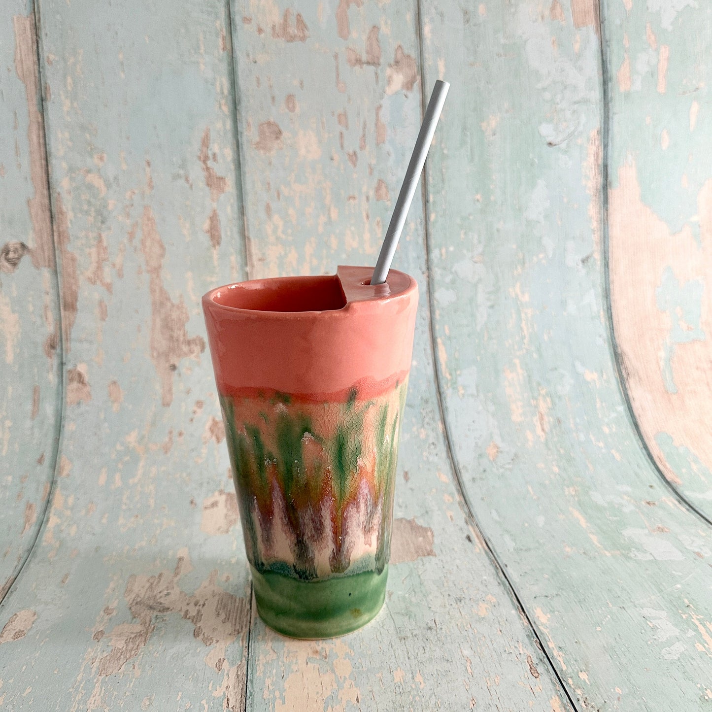 Coral Pink and Green Straw-holder Tumbler, Large Ceramic Cup