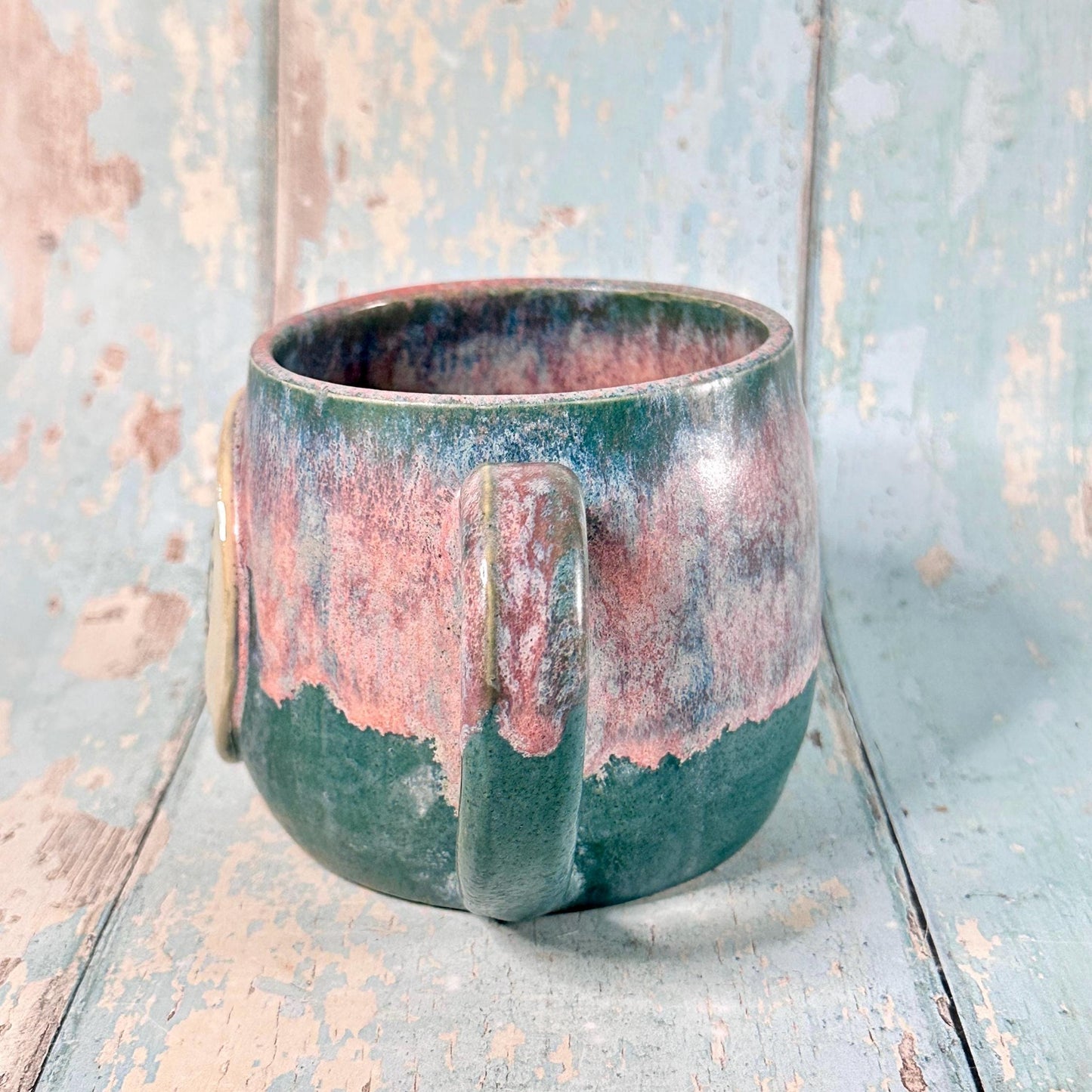 Green and Pink Christmas Snow Globe Mug, Handmade Ceramic Cup