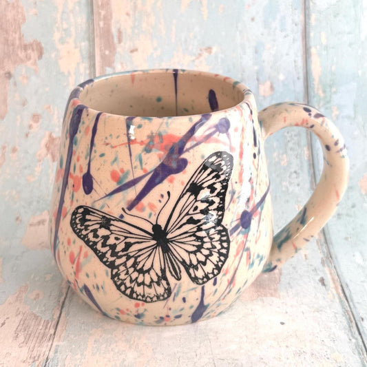 Purple & Pink Butterfly Mug, Handmade Ceramic Cup