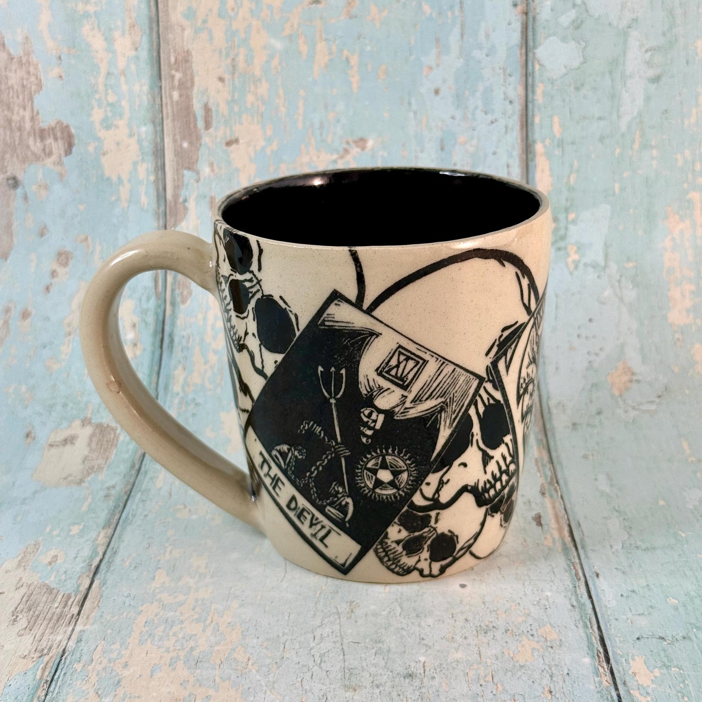 Black and White Tarot and Skull Mug, Large Ceramic Cup