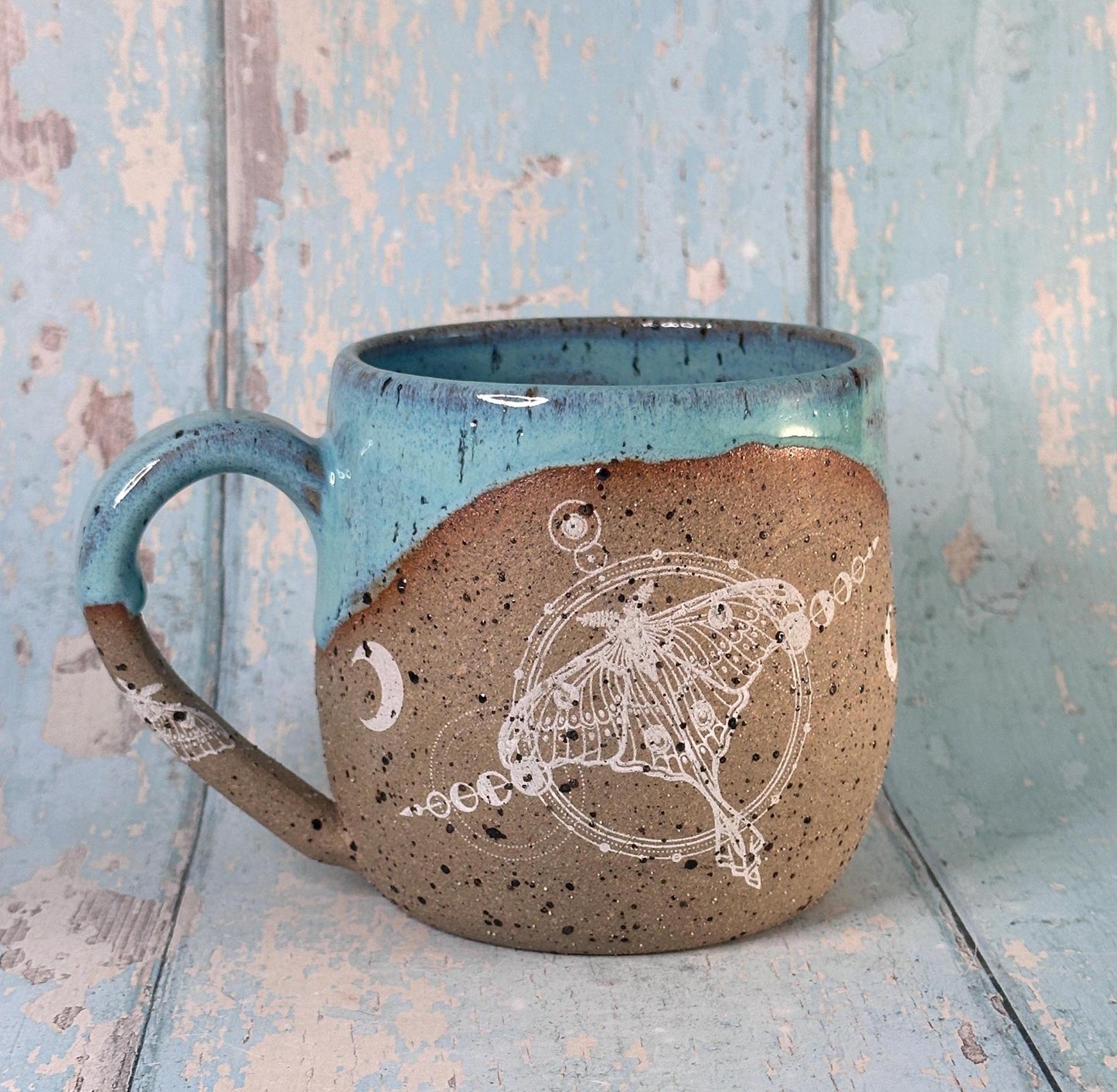 Turquoise Luna Moth Mug, Large Ceramic Cup