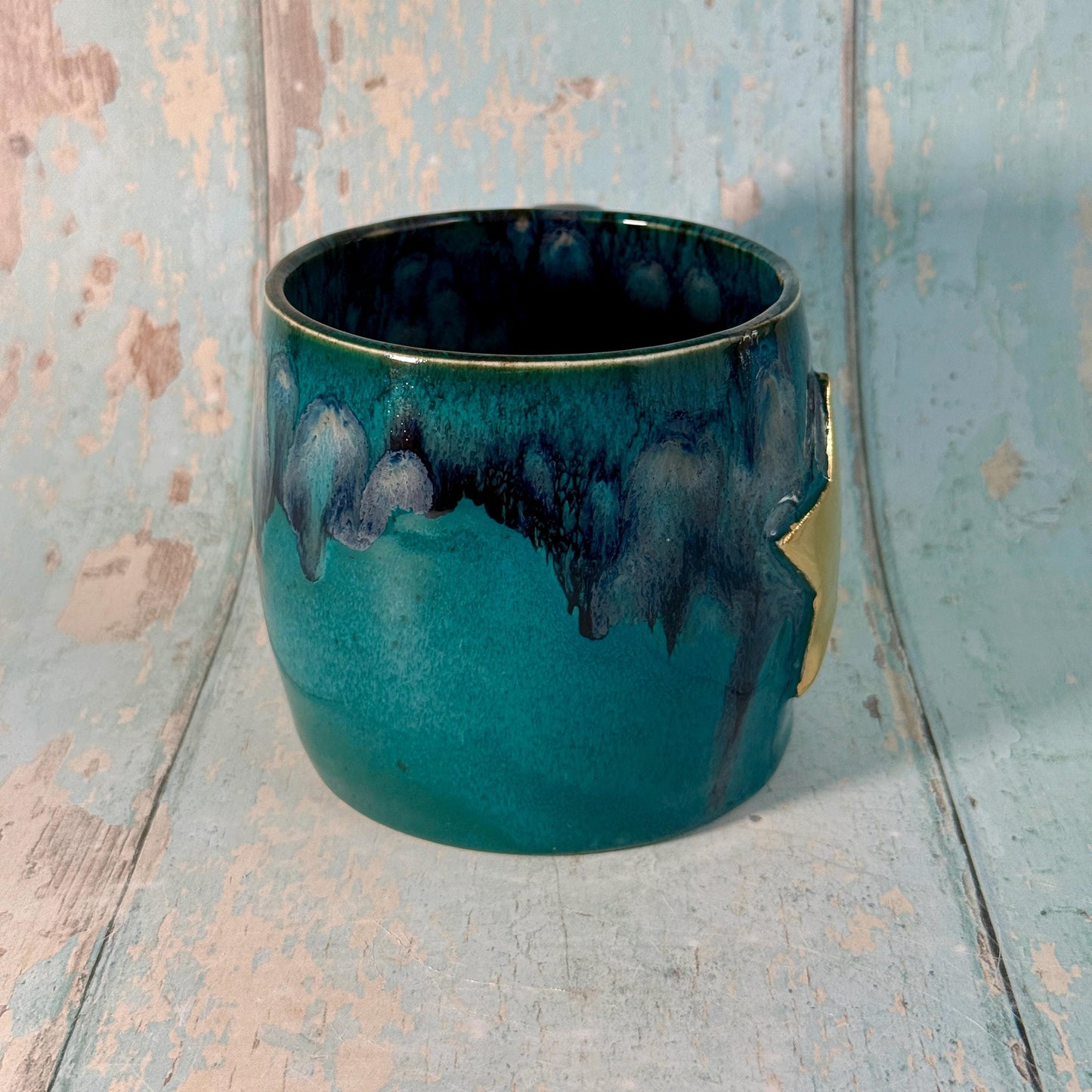 Turquoise and Black Gold Star Mug, Handmade Ceramic Mug