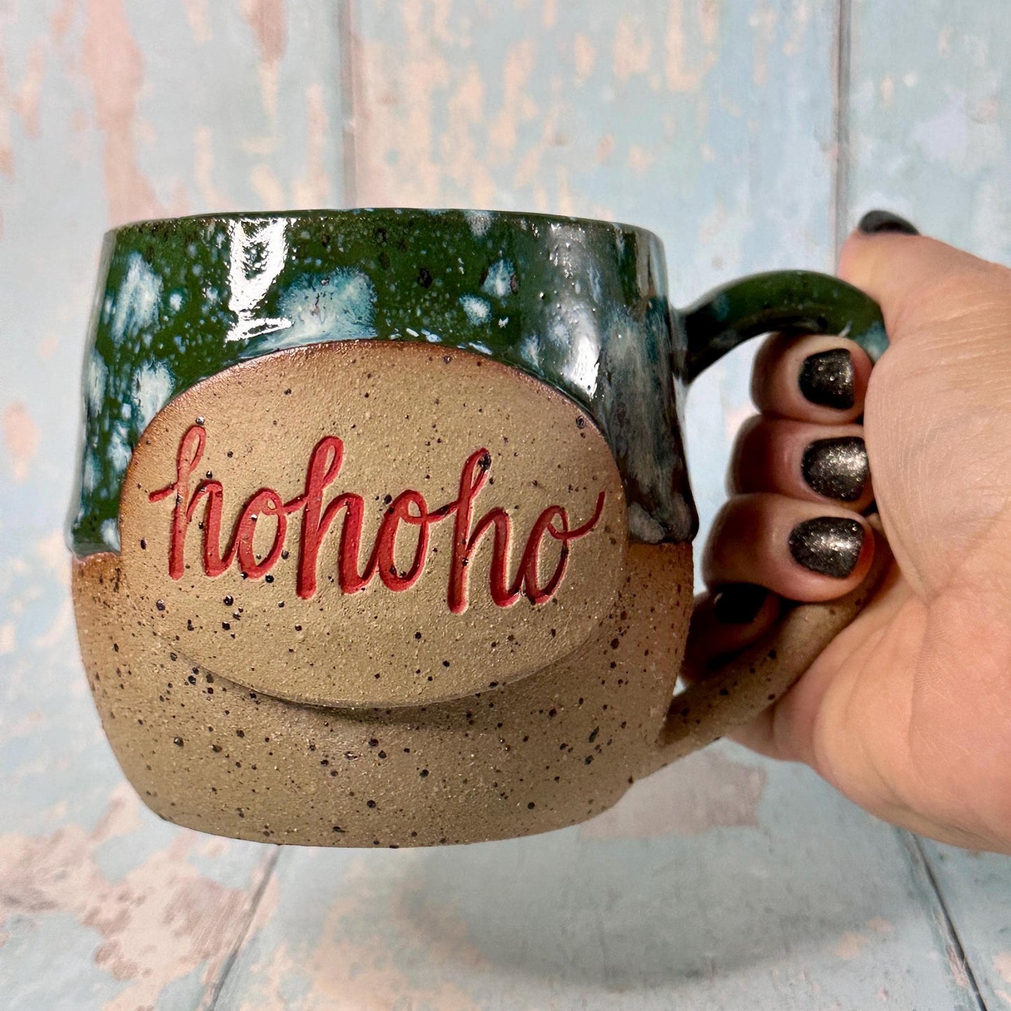 Green Christmas Hohoho Mug, Handmade Ceramic Cup - Father Christmas Santa