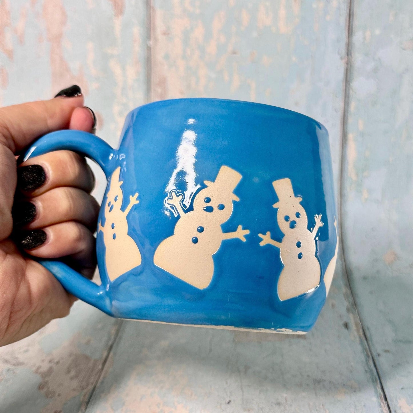 Blue Christmas Snowman Mug, Handmade Ceramic Cup