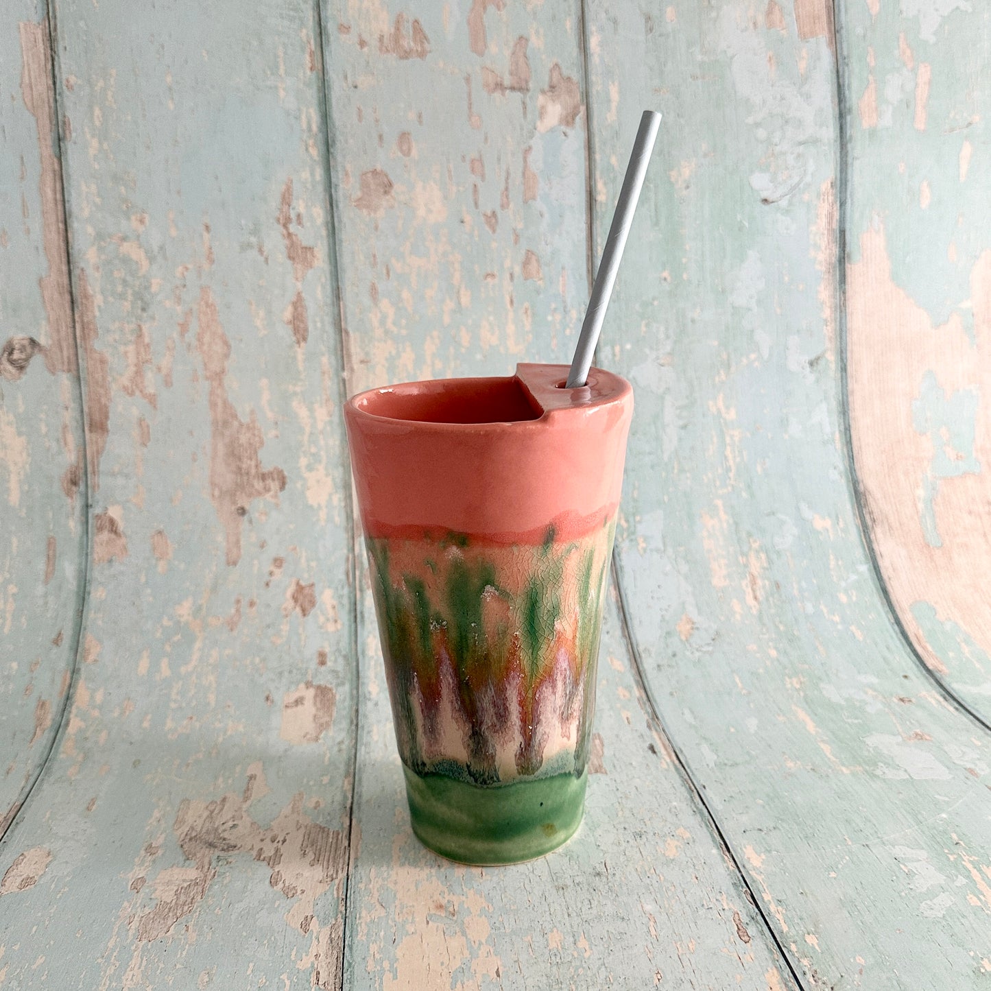 Coral Pink and Green Straw-holder Tumbler, Large Ceramic Cup
