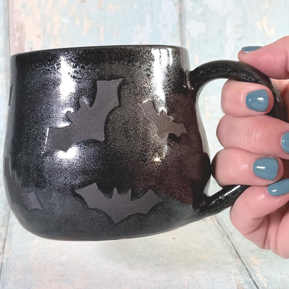 Glittery Black Bat Mug, Handmade Ceramic Cup, Spooky Halloween Mug - FJD Ceramics