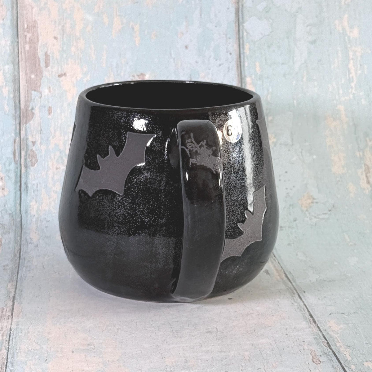 Glittery Black Bat Mug, Handmade Ceramic Cup, Spooky Halloween Mug - FJD Ceramics