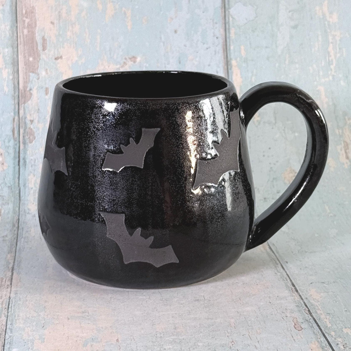 Glittery Black Bat Mug, Handmade Ceramic Cup, Spooky Halloween Mug - FJD Ceramics
