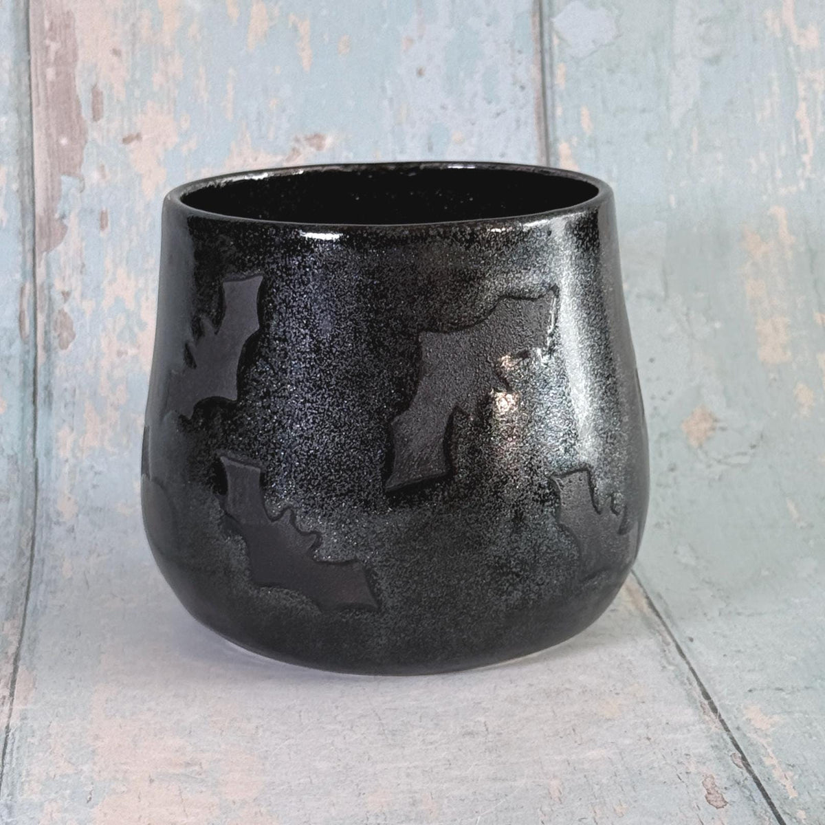 Glittery Black Bat Mug, Handmade Ceramic Cup, Spooky Halloween Mug - FJD Ceramics