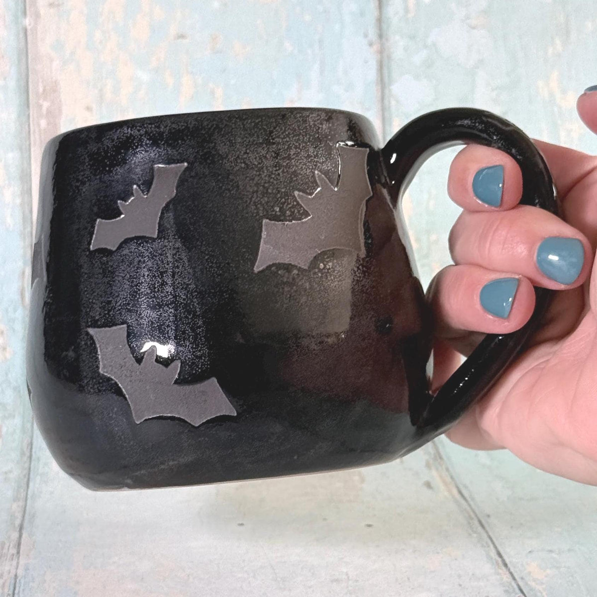 Glittery Black Bat Mug, Handmade Ceramic Cup, Spooky Halloween Mug - FJD Ceramics