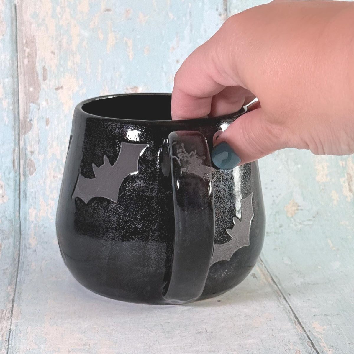 Glittery Black Bat Mug, Handmade Ceramic Cup, Spooky Halloween Mug - FJD Ceramics
