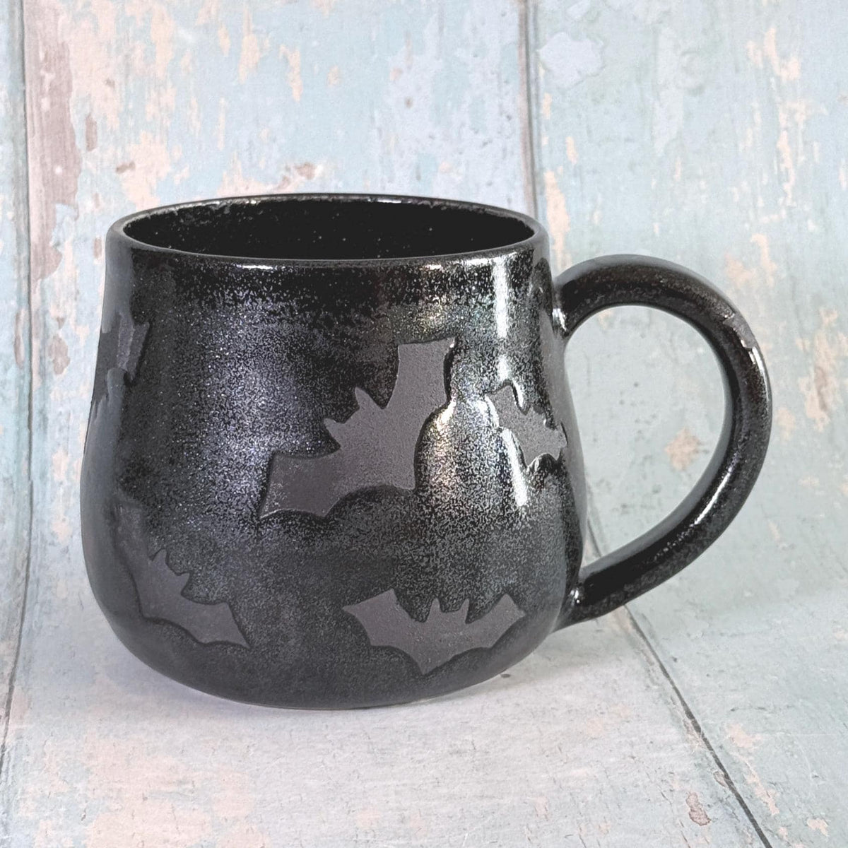 Glittery Black Bat Mug, Handmade Ceramic Cup, Spooky Halloween Mug - FJD Ceramics