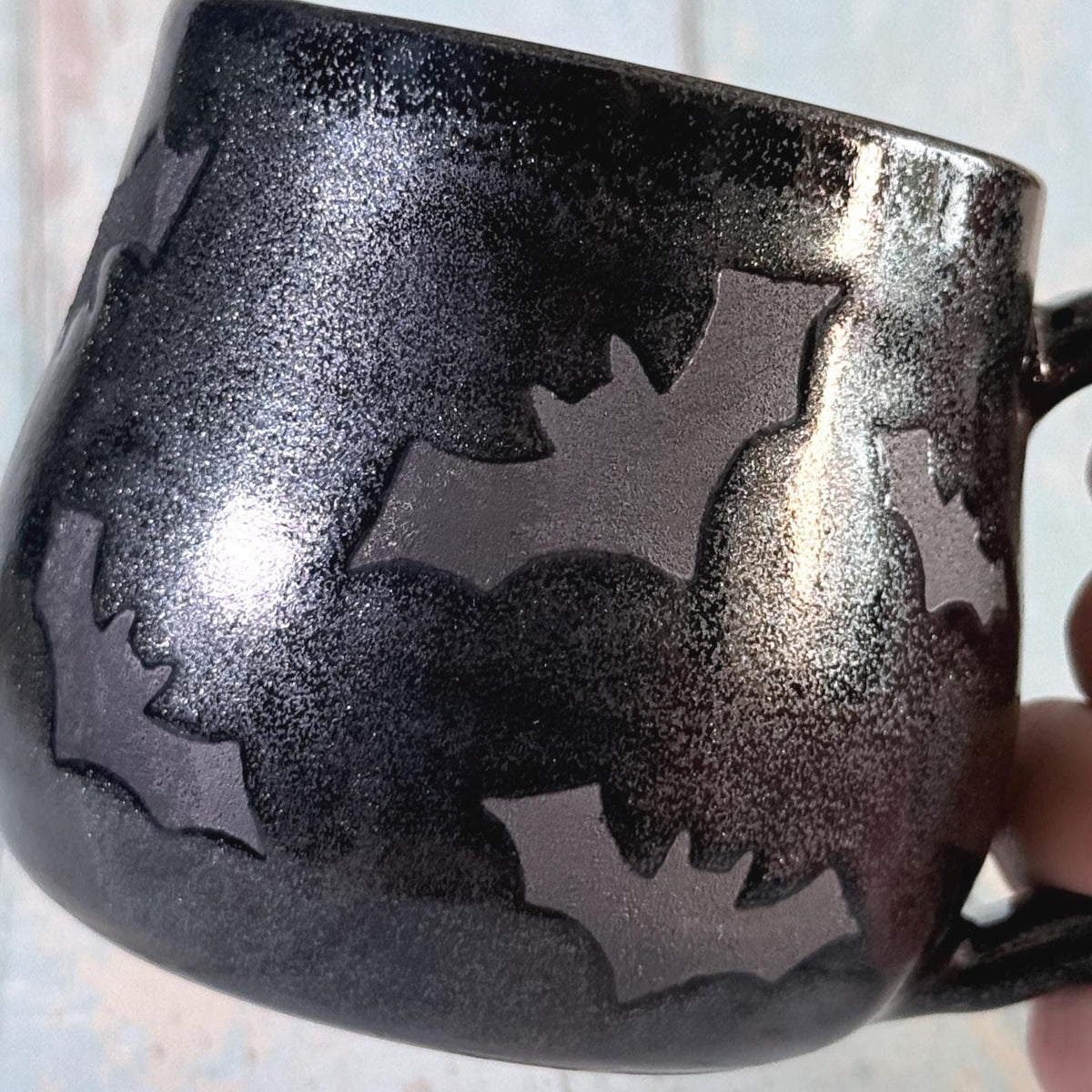 Glittery Black Bat Mug, Handmade Ceramic Cup, Spooky Halloween Mug - FJD Ceramics