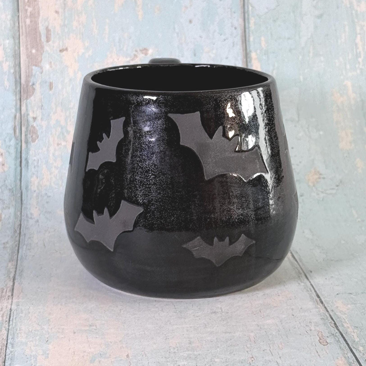 Glittery Black Bat Mug, Handmade Ceramic Cup, Spooky Halloween Mug - FJD Ceramics