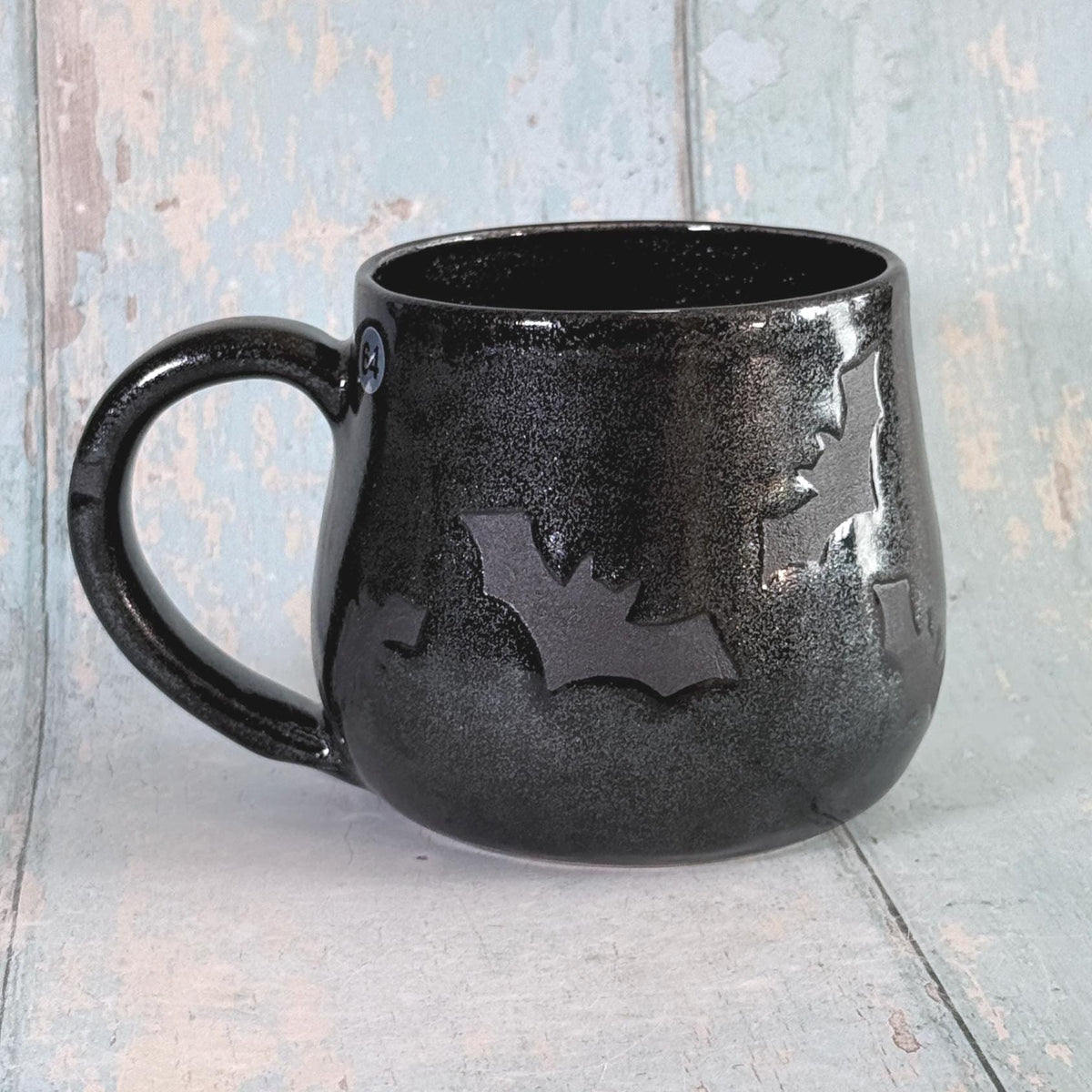 Glittery Black Bat Mug, Handmade Ceramic Cup, Spooky Halloween Mug - FJD Ceramics
