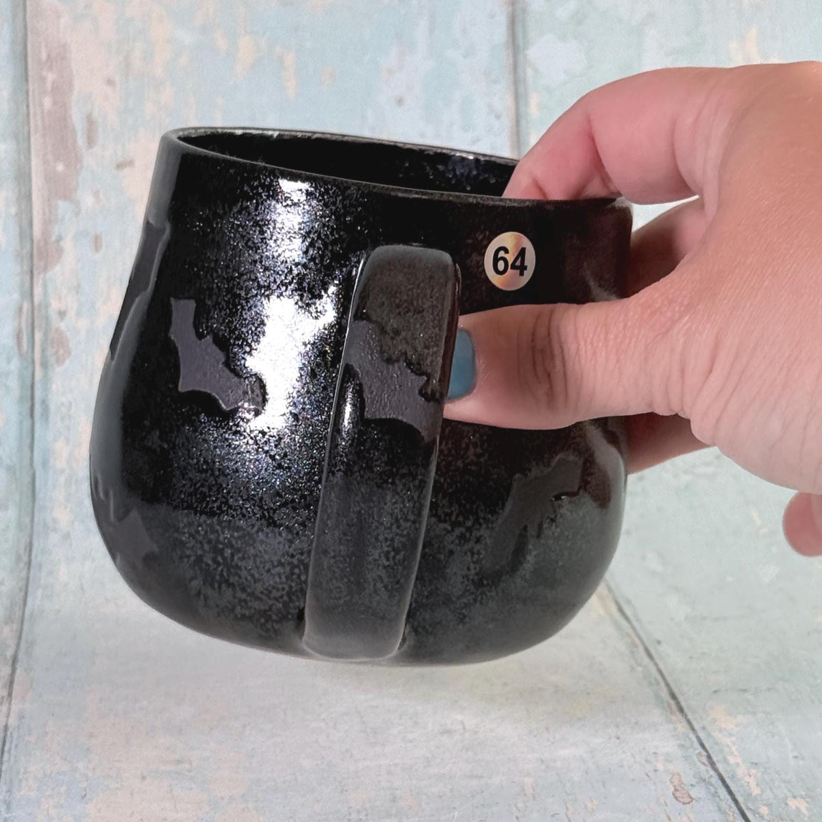 Glittery Black Bat Mug, Handmade Ceramic Cup, Spooky Halloween Mug - FJD Ceramics
