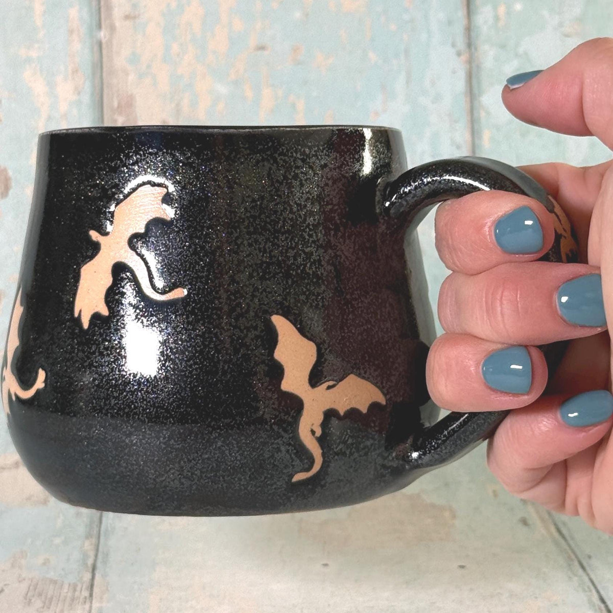 Glittery Black Dragon Mug, Handmade Ceramic Cup - FJD Ceramics