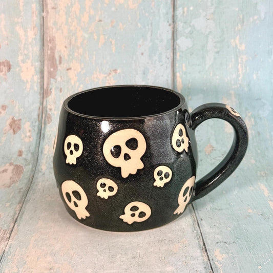 Glittery Black Skull Mug, Handmade Ceramic Cup, Spooky Halloween Mug - FJD Ceramics
