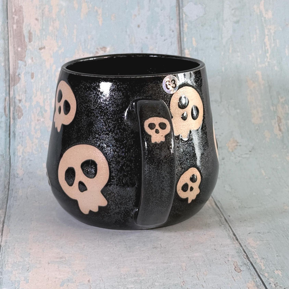 Glittery Black Skull Mug, Handmade Ceramic Cup, Spooky Halloween Mug - FJD Ceramics