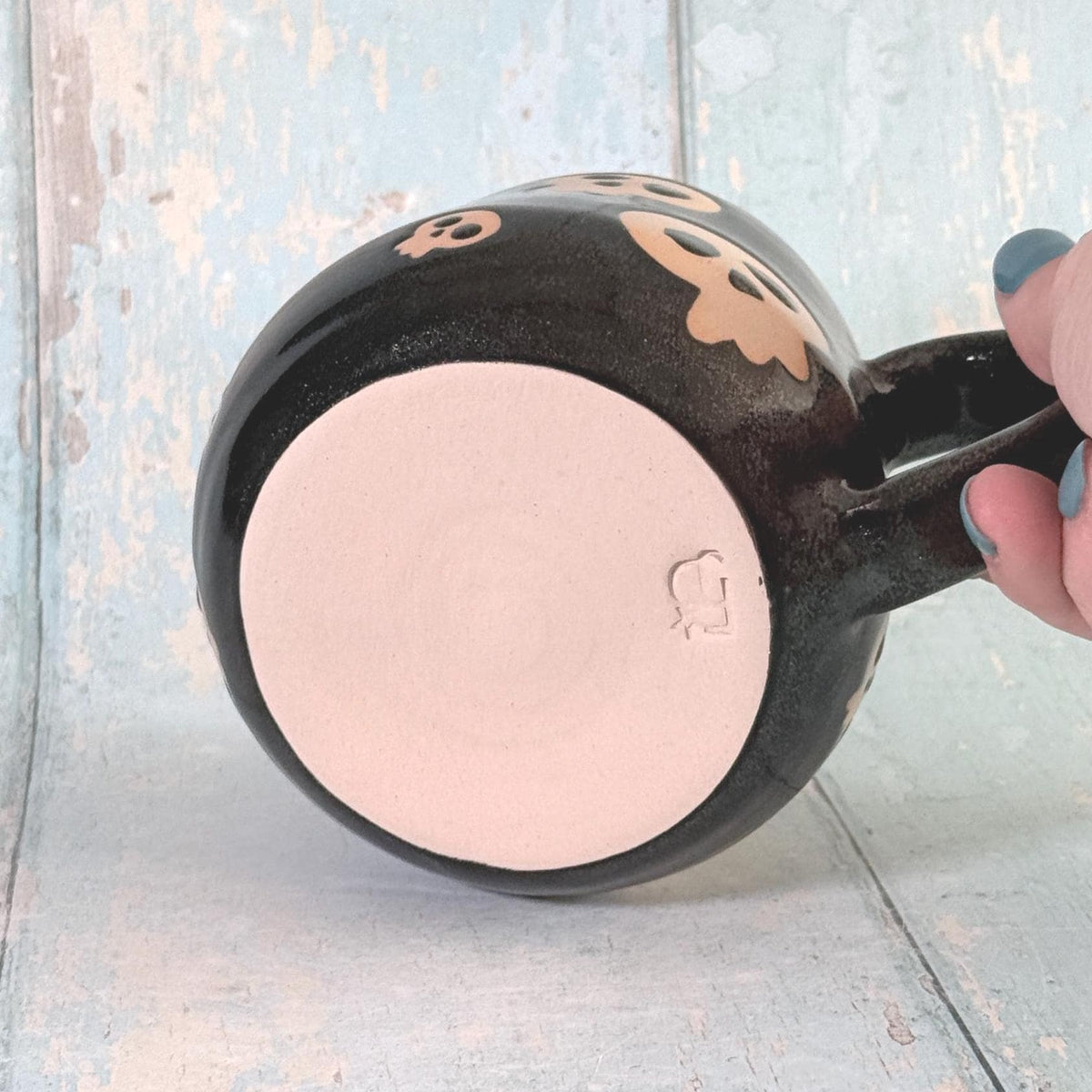 Glittery Black Skull Mug, Handmade Ceramic Cup, Spooky Halloween Mug - FJD Ceramics
