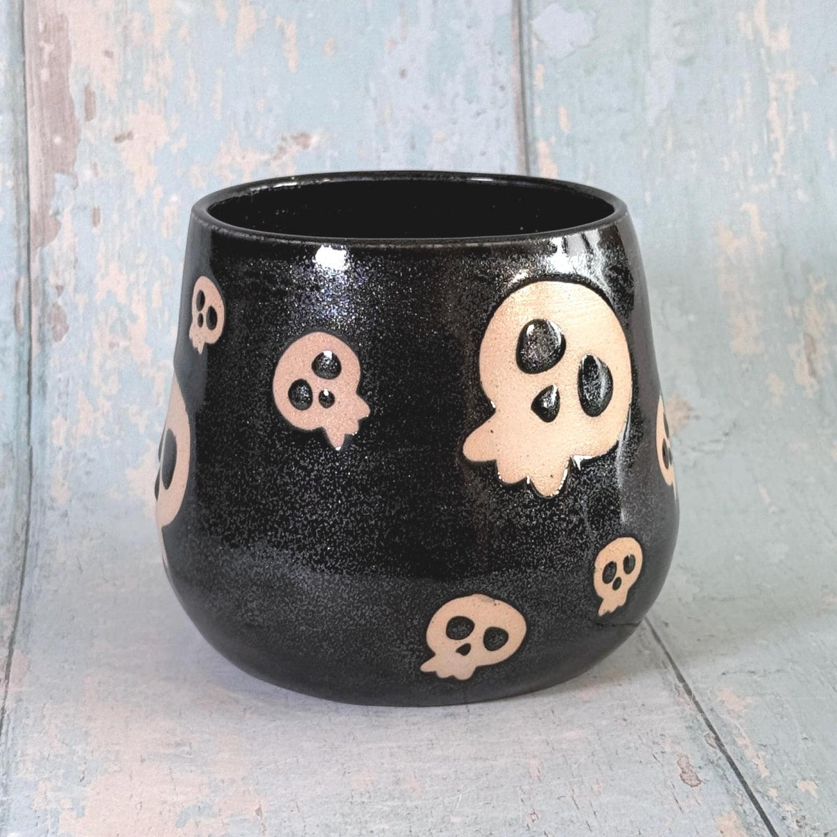 Glittery Black Skull Mug, Handmade Ceramic Cup, Spooky Halloween Mug - FJD Ceramics