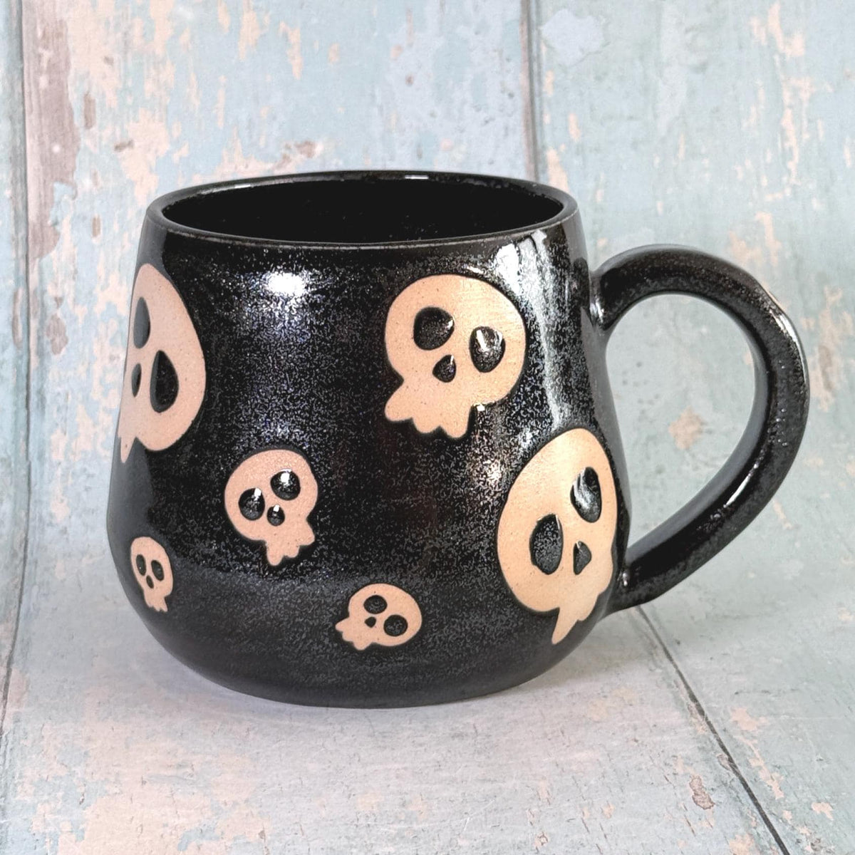 Glittery Black Skull Mug, Handmade Ceramic Cup, Spooky Halloween Mug - FJD Ceramics