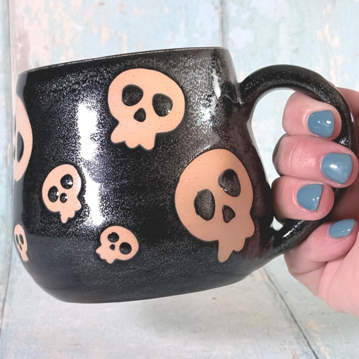 Glittery Black Skull Mug, Handmade Ceramic Cup, Spooky Halloween Mug - FJD Ceramics
