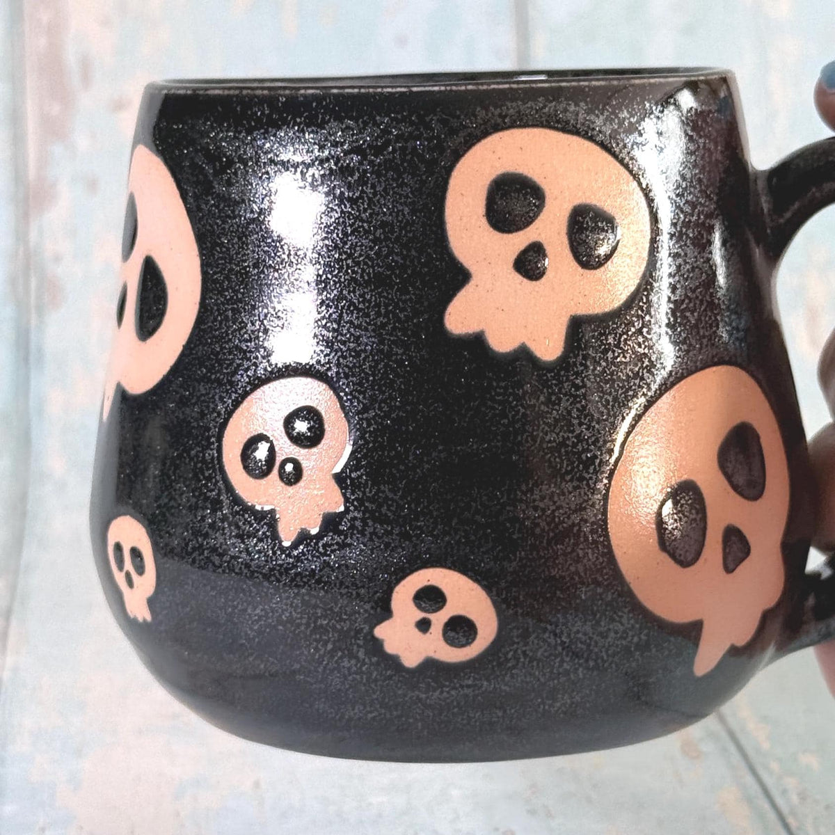 Glittery Black Skull Mug, Handmade Ceramic Cup, Spooky Halloween Mug - FJD Ceramics
