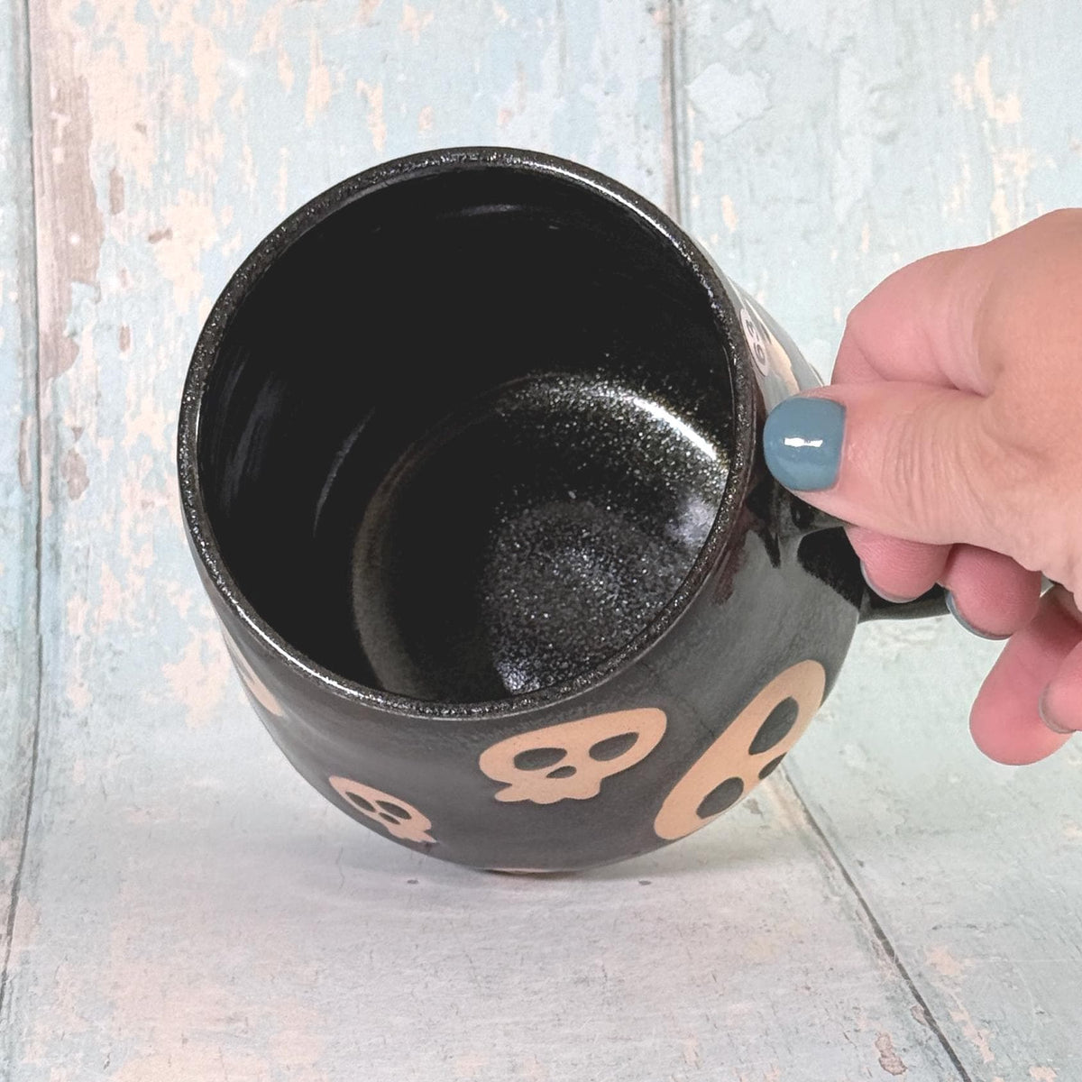 Glittery Black Skull Mug, Handmade Ceramic Cup, Spooky Halloween Mug - FJD Ceramics