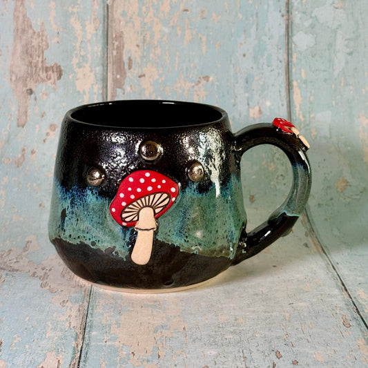 Green and Black Mushroom Mug, Fungi Ceramic Cup - FJD Ceramics