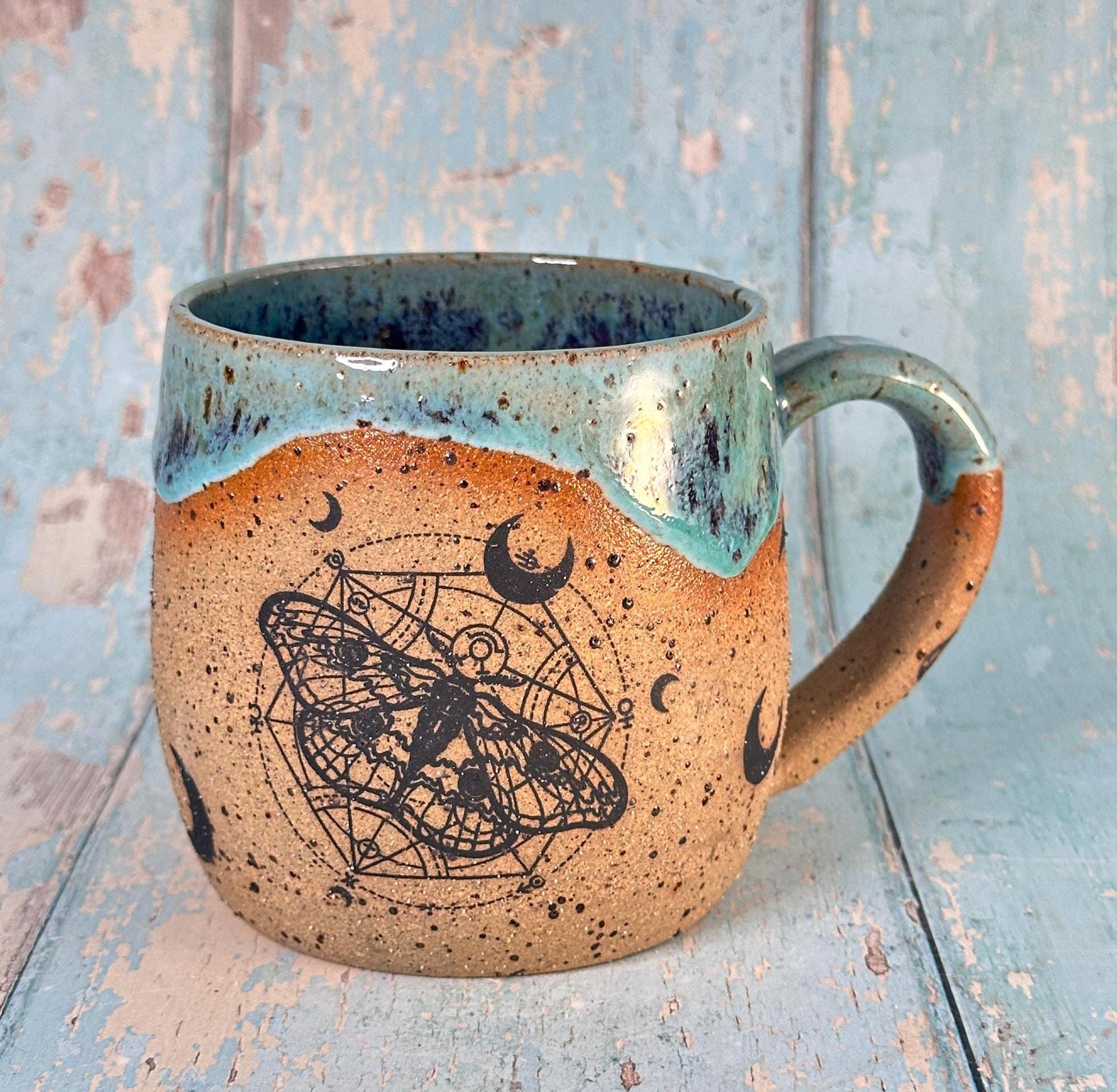 Green and Red Moth Mug, Large Ceramic Cup - FJD Ceramics