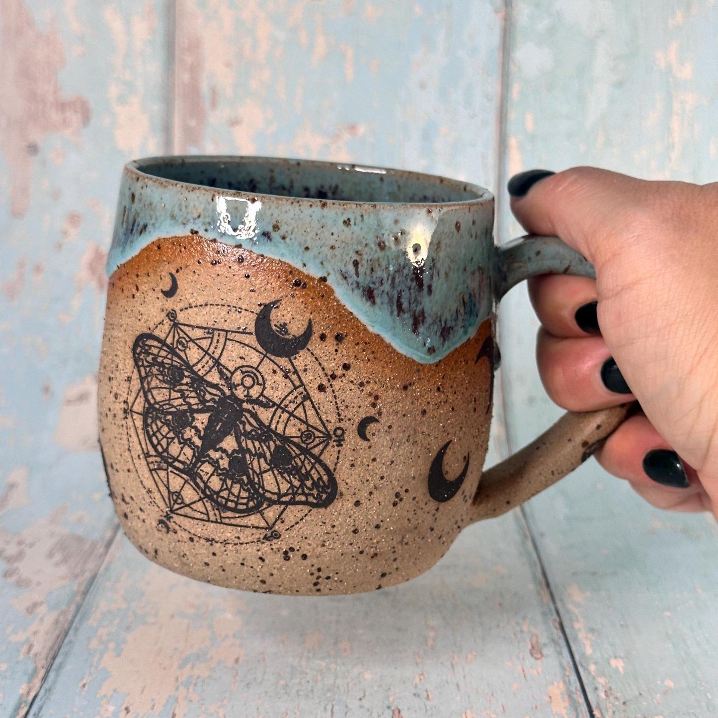 Green and Red Moth Mug, Large Ceramic Cup - FJD Ceramics