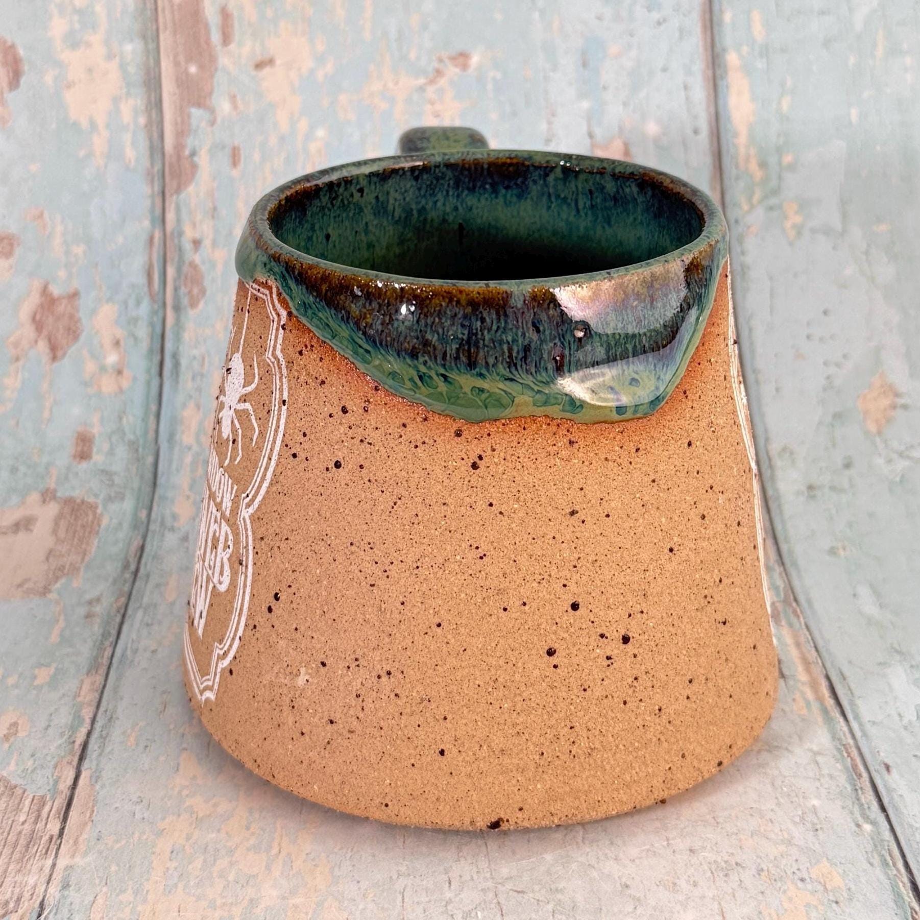 Green and White "Cobweb Stew" Mug Halloween Spooky Season Cup - FJD Ceramics
