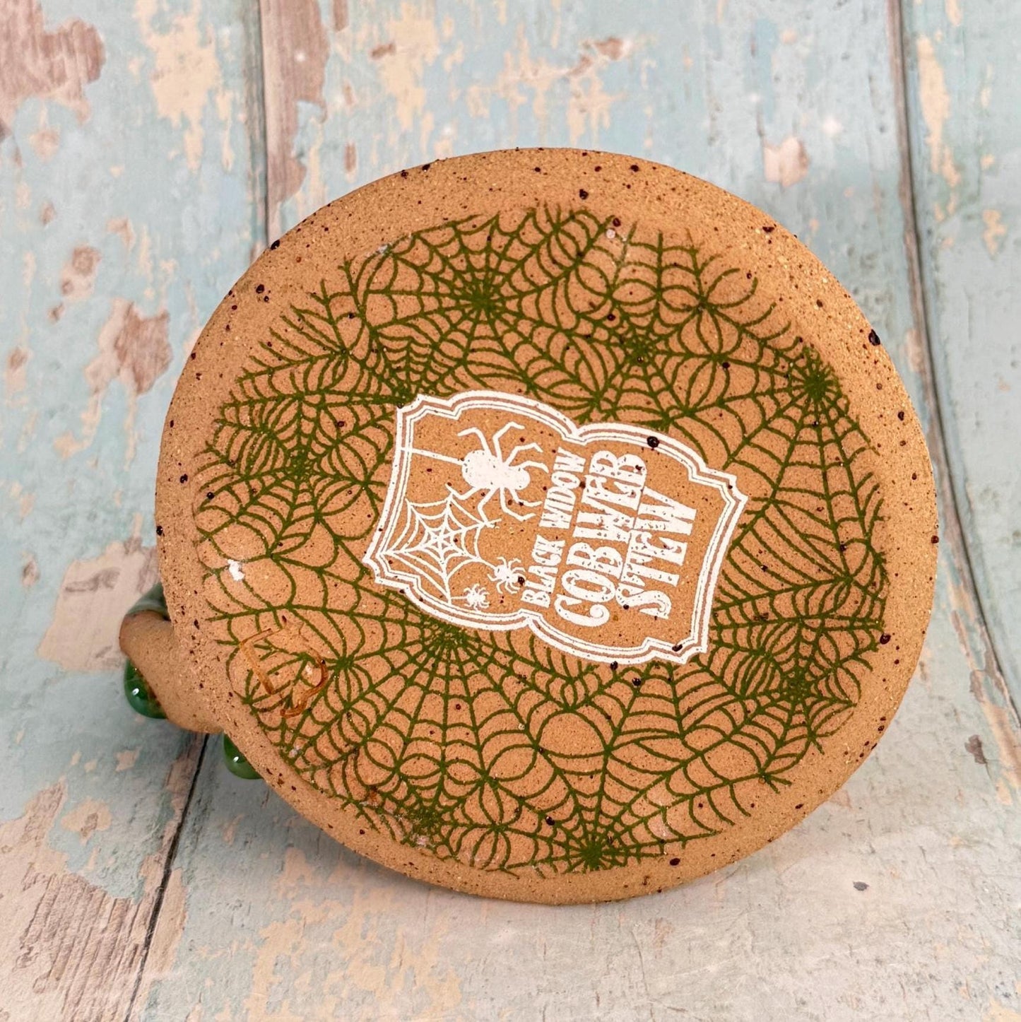 Green and White "Cobweb Stew" Mug Halloween Spooky Season Cup - FJD Ceramics