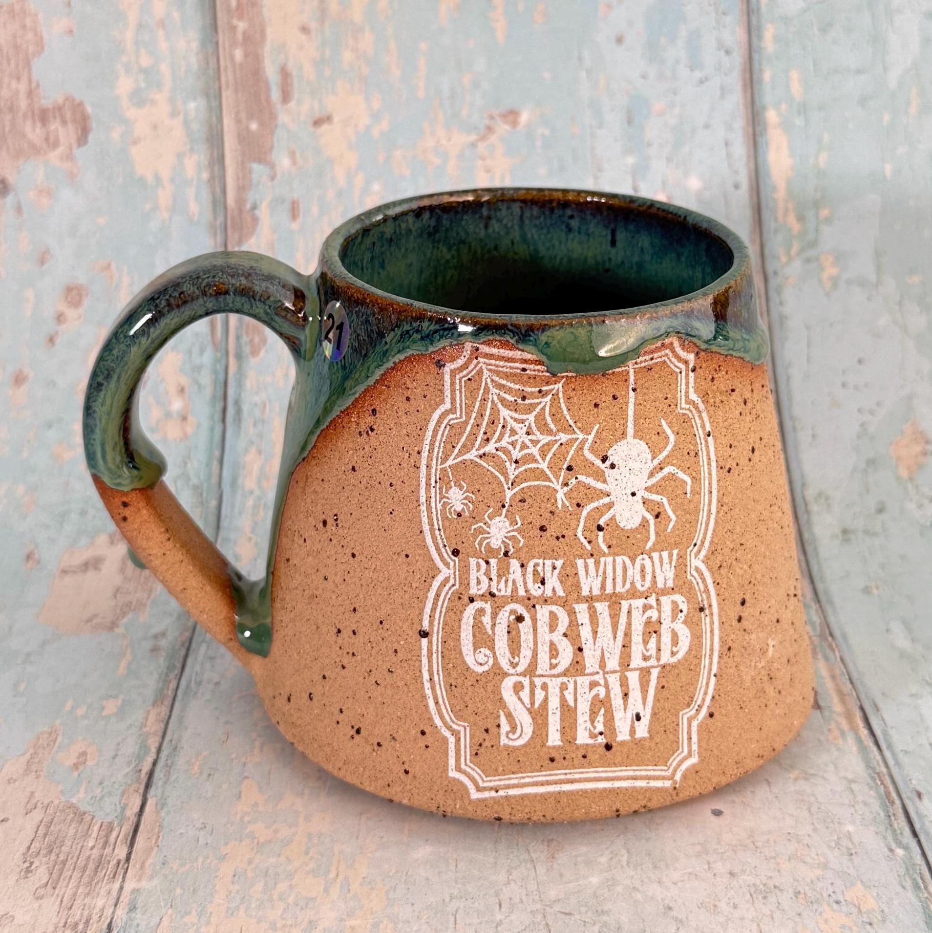 Green and White "Cobweb Stew" Mug Halloween Spooky Season Cup - FJD Ceramics
