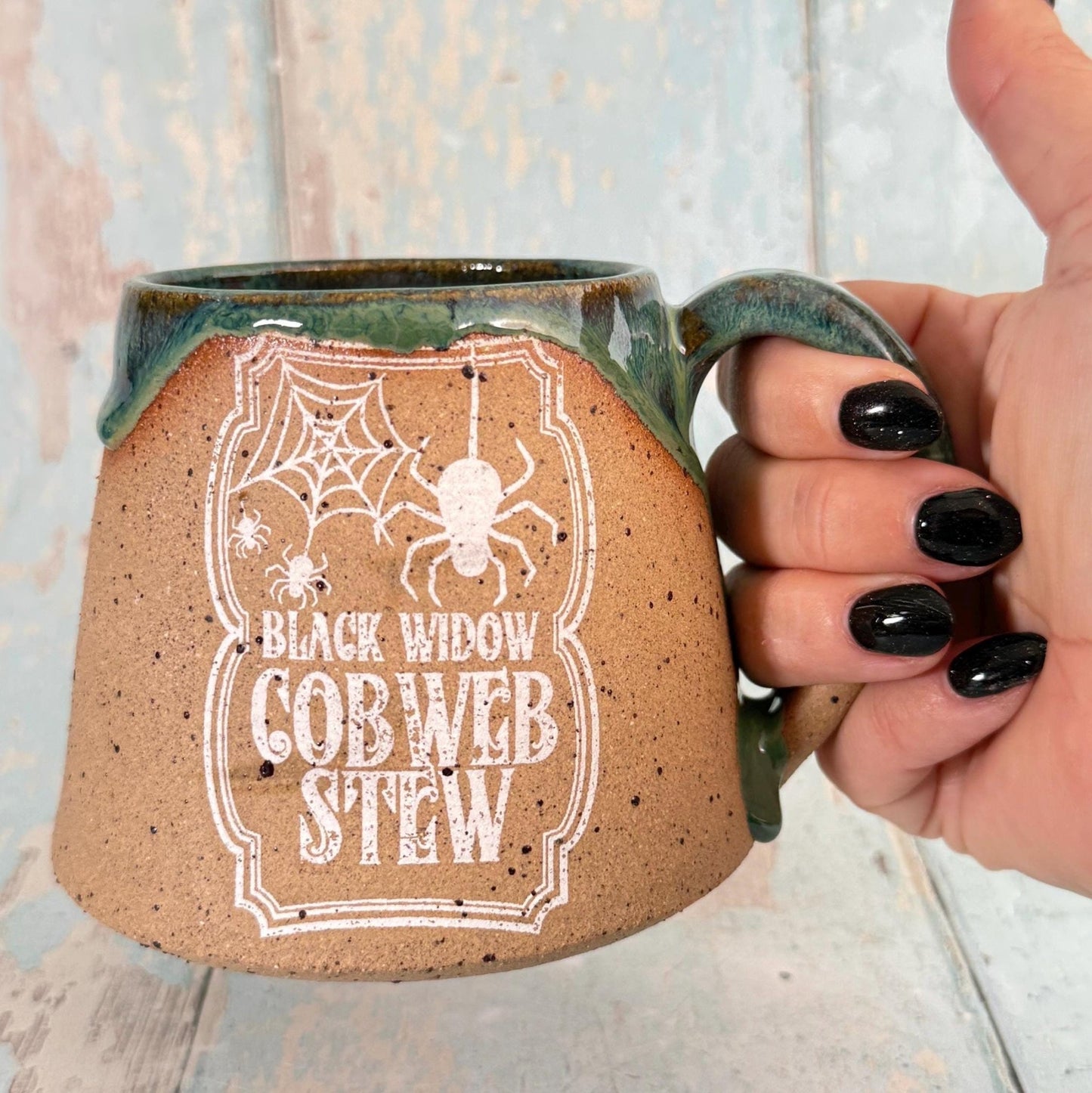 Green and White "Cobweb Stew" Mug Halloween Spooky Season Cup - FJD Ceramics