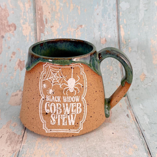 Green and White "Cobweb Stew" Mug Halloween Spooky Season Cup - FJD Ceramics