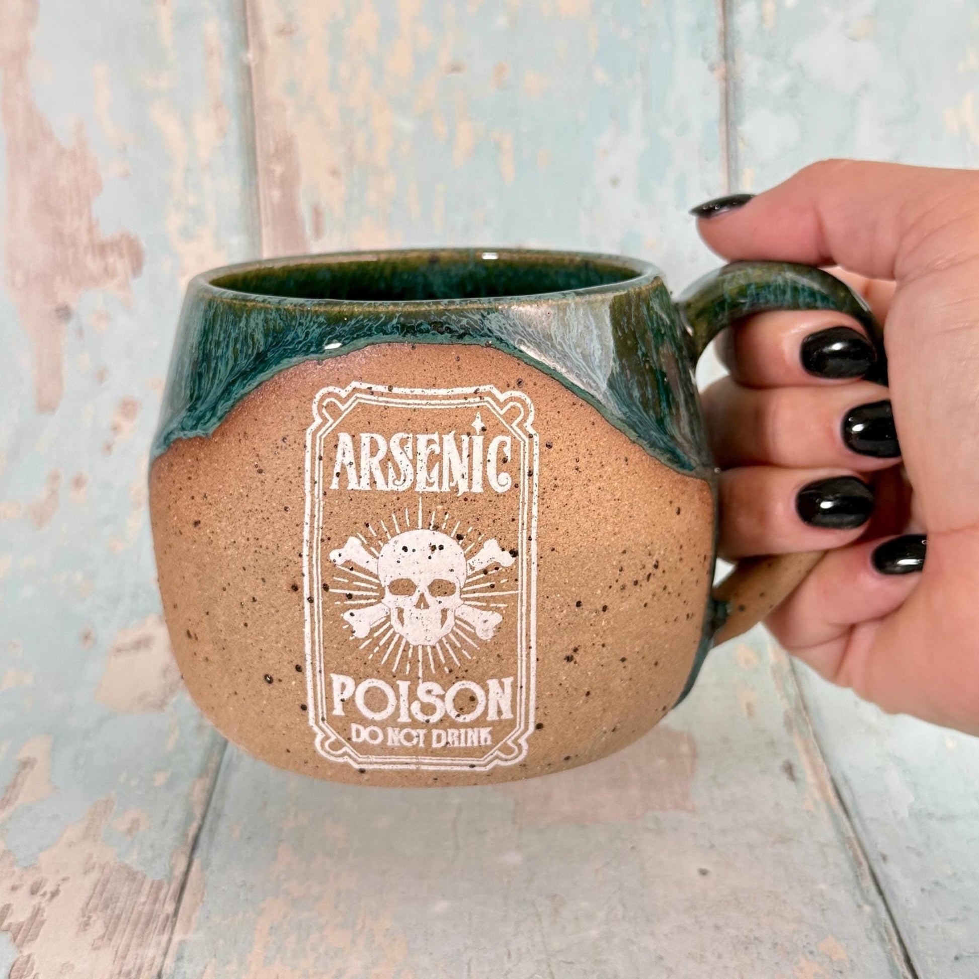 Green and White "Poison" Witch Label Mug Halloween Spooky Season Cup - FJD Ceramics