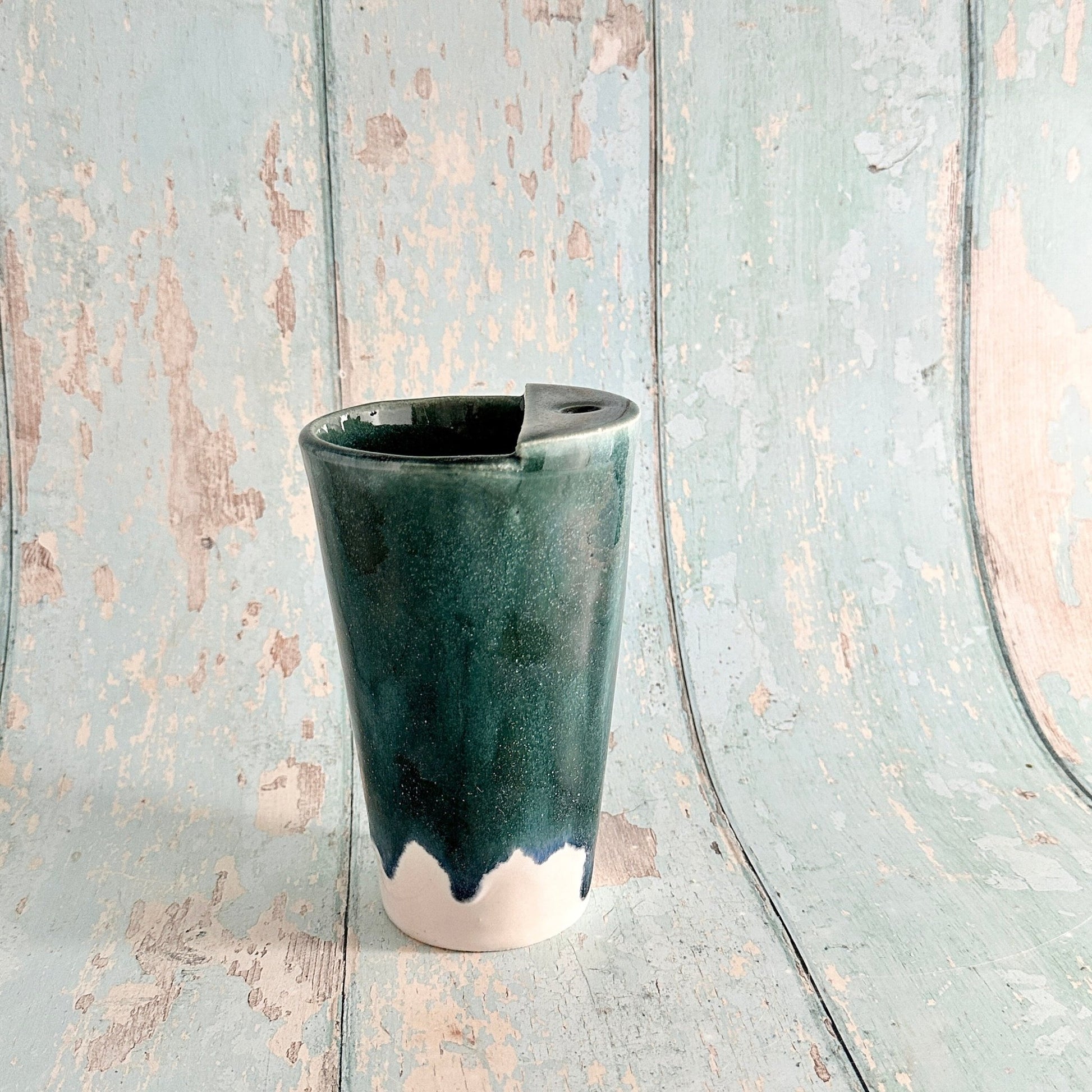 Green and White Straw - holder Tumbler, Large Ceramic Cup - FJD Ceramics