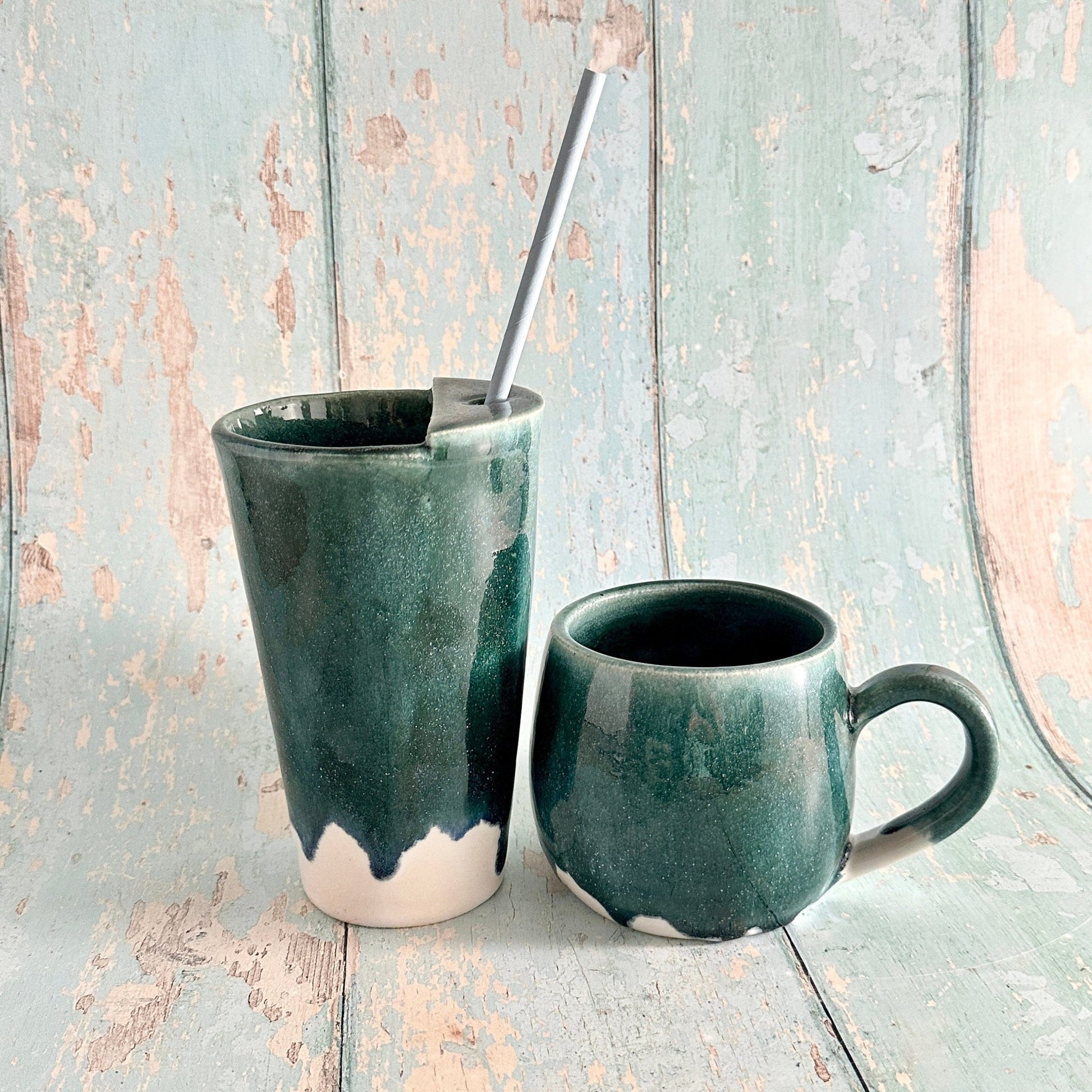 Green and White Straw - holder Tumbler, Large Ceramic Cup - FJD Ceramics