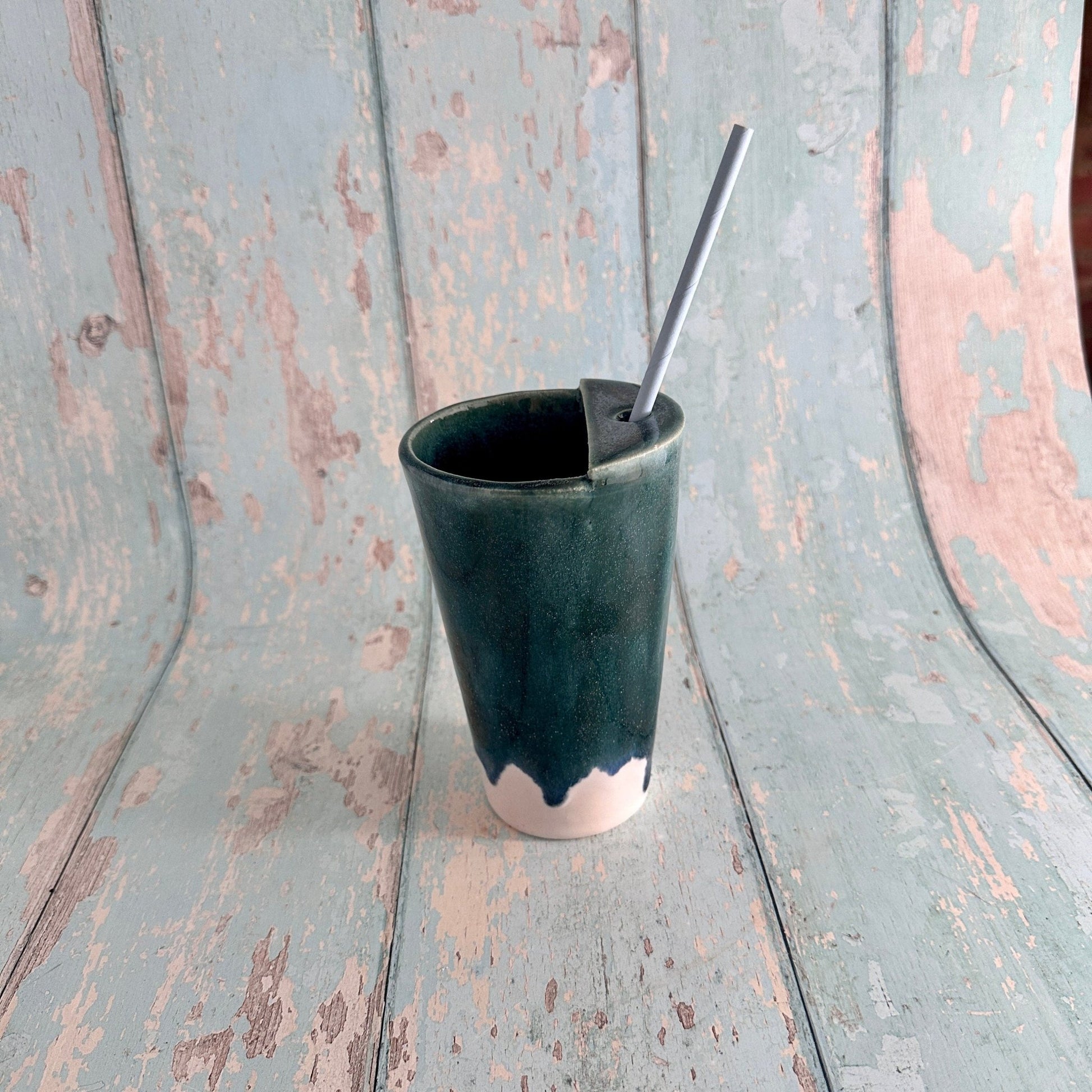 Green and White Straw - holder Tumbler, Large Ceramic Cup - FJD Ceramics