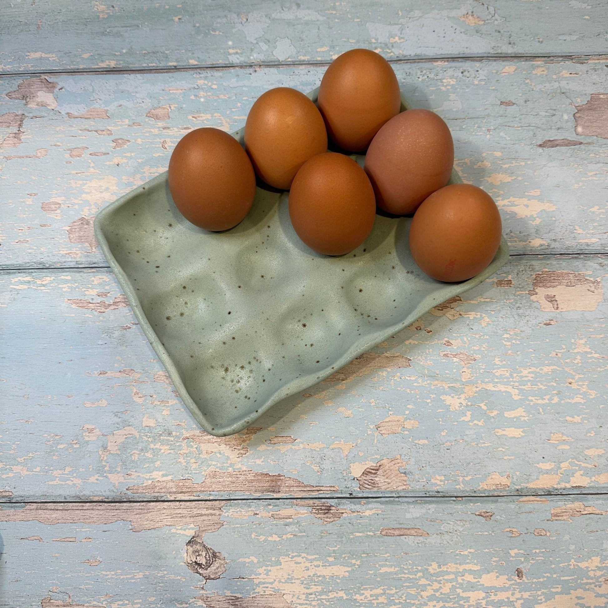 Green Ceramic Egg Tray, Holds 6 or 12 Eggs - FJD Ceramics