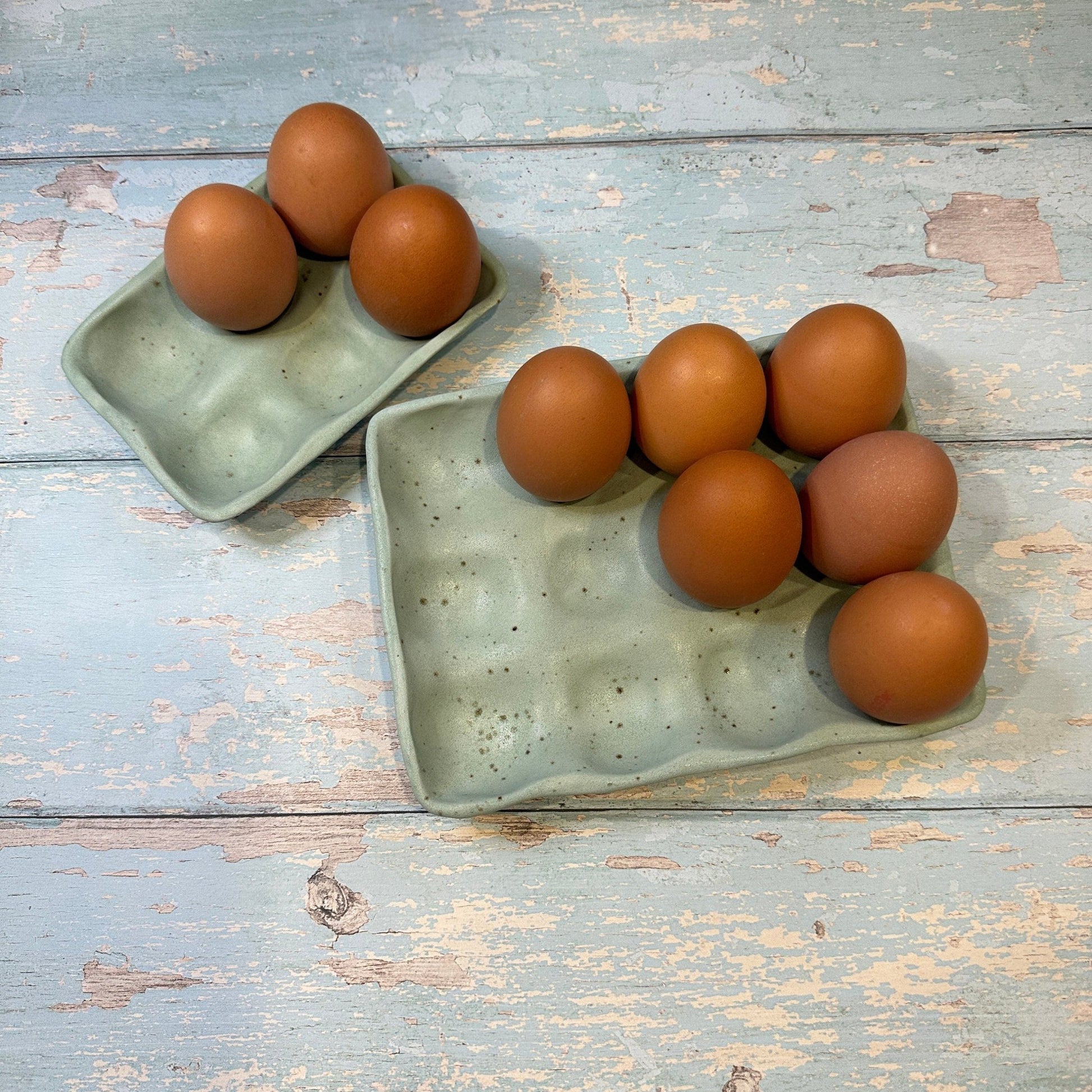 Green Ceramic Egg Tray, Holds 6 or 12 Eggs - FJD Ceramics