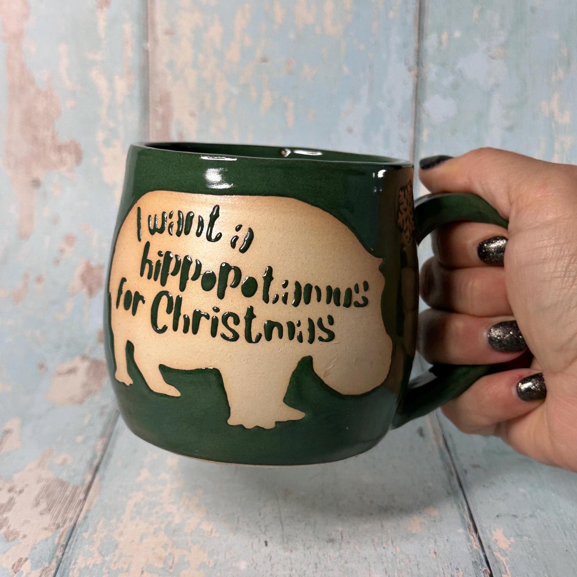 Green Christmas Hippo Mug, Handmade Ceramic Cup - FJD Ceramics
