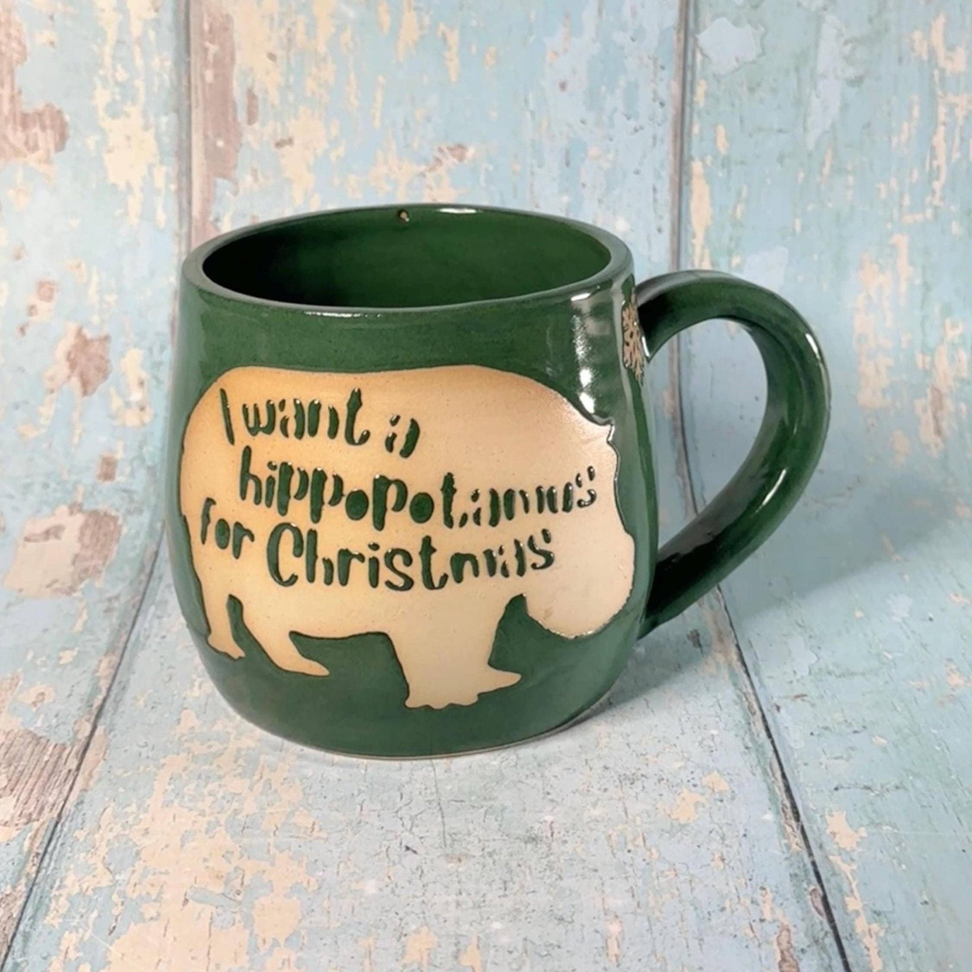 Green Christmas Hippo Mug, Handmade Ceramic Cup - FJD Ceramics