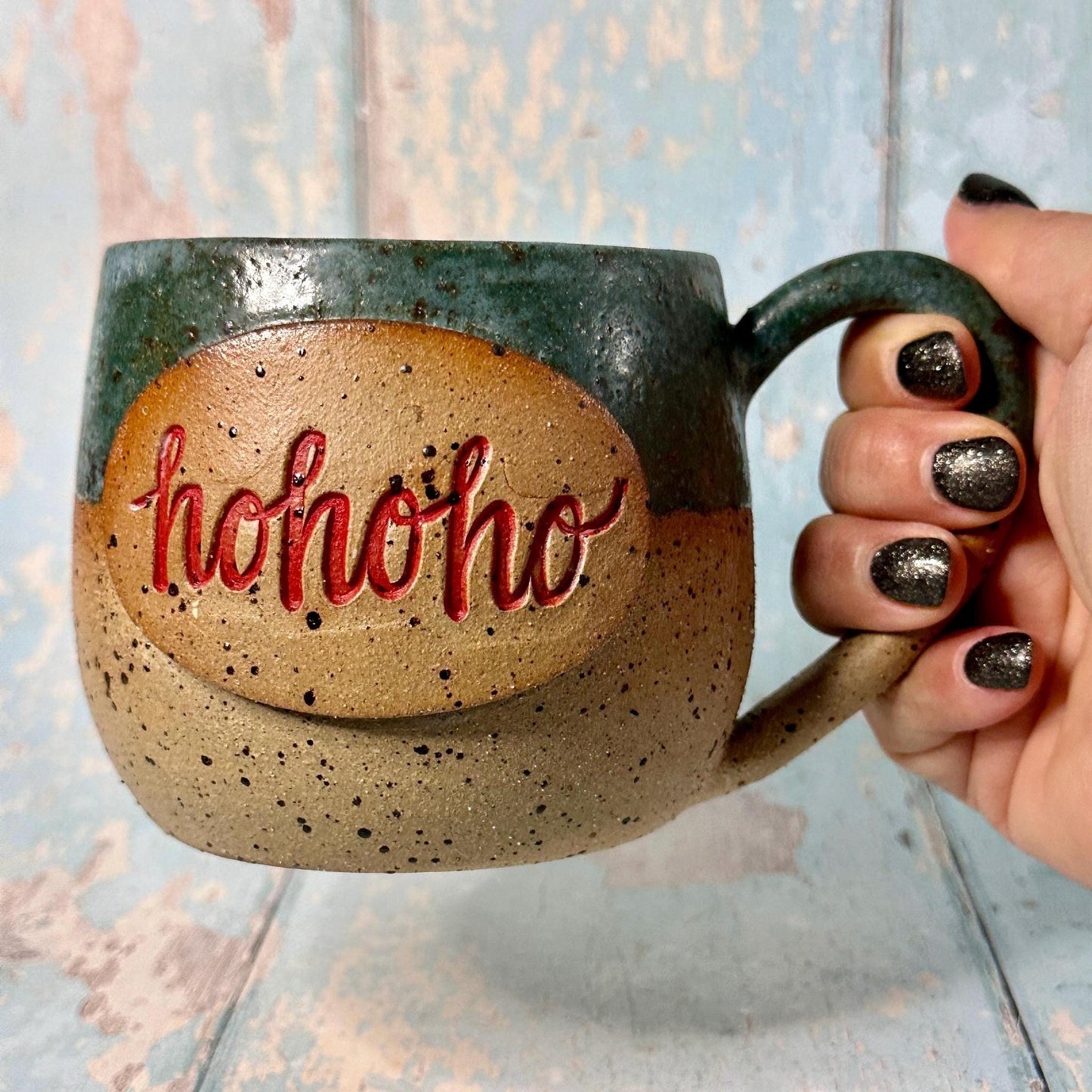 Green Christmas Hohoho Mug, Handmade Ceramic Cup - Father Christmas Santa - FJD Ceramics