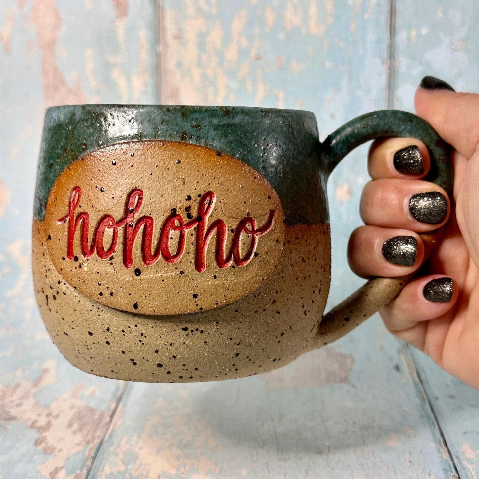 Green Christmas Hohoho Mug, Handmade Ceramic Cup - Father Christmas Santa - FJD Ceramics