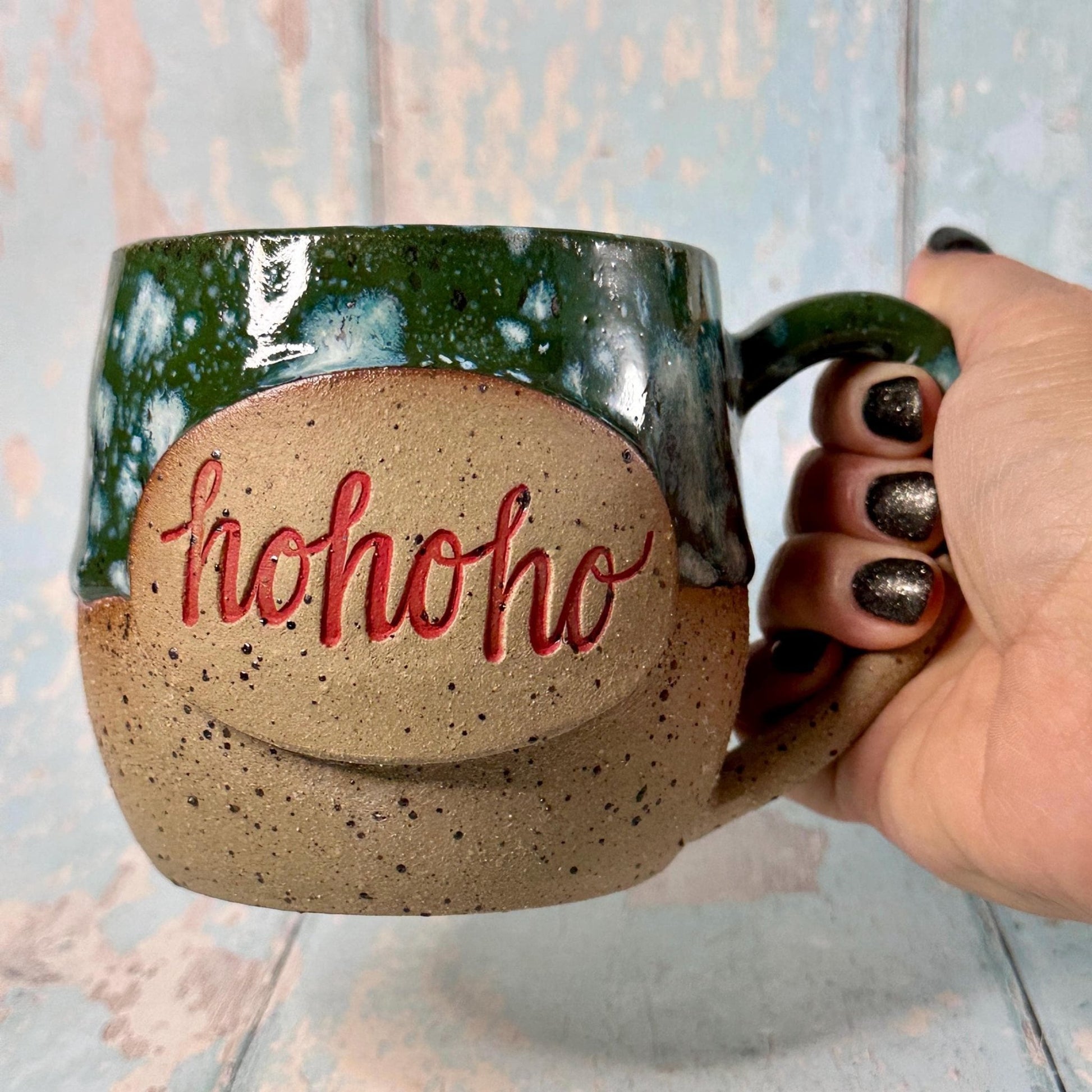 Green Christmas Hohoho Mug, Handmade Ceramic Cup - Father Christmas Santa - FJD Ceramics